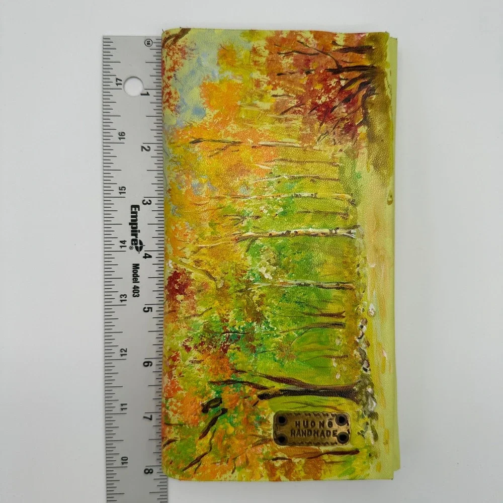 Huong Handmade Leather‎ Trifold Wallet Artisan Painted Nature Landscape Forest